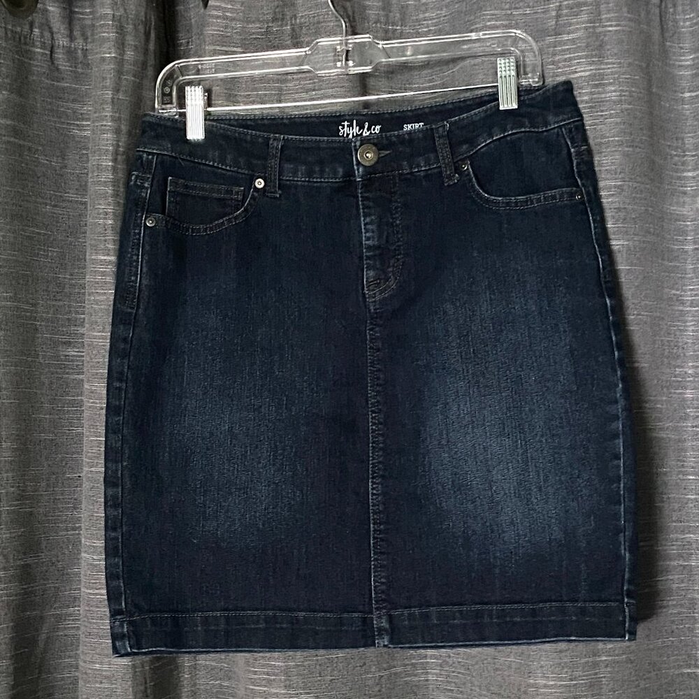 Style & Co Women’s Petite Dark Wash Denim Skirt Sz 8P, Classic, Wardrobe Staple
